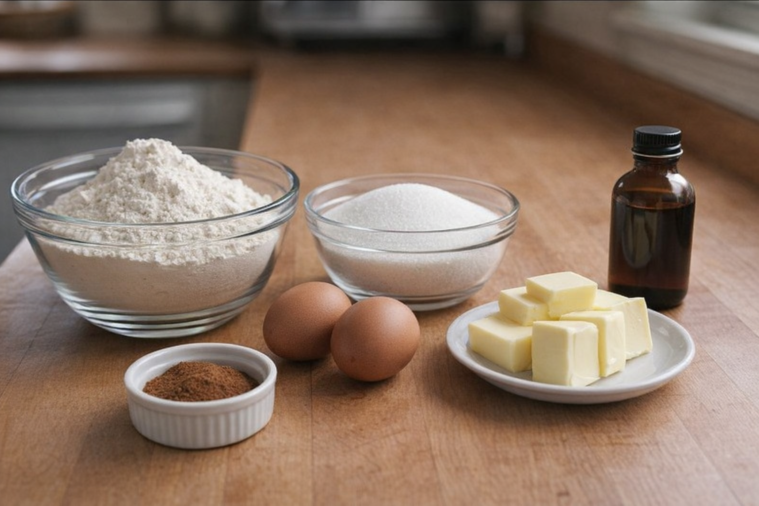 A close-up shot of the ingredients for churros, including flour, sugar, cinnamon, butter, eggs, and vanilla extract, neatly arranged on a wooden countertop